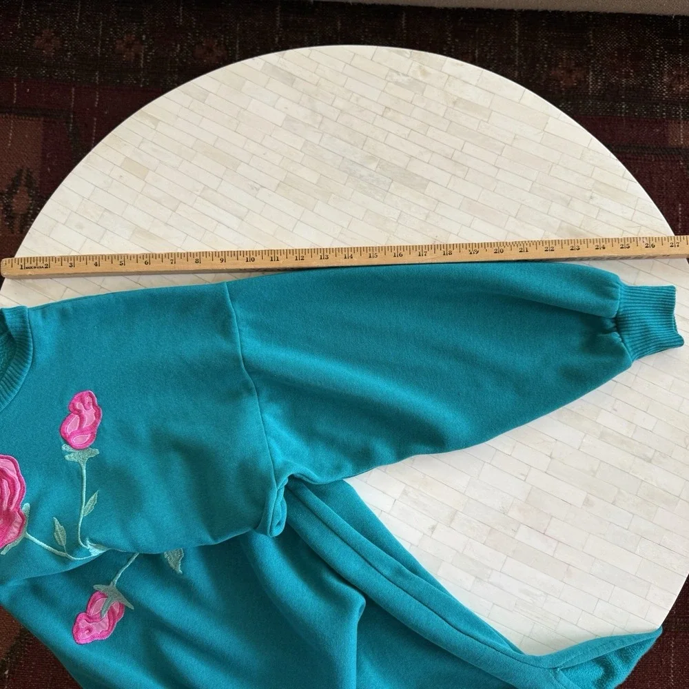 Vtg Appel Teal Sweatshirt Pullover Robe Nightgown Rose Embroidered OSFA/L‎ Boho